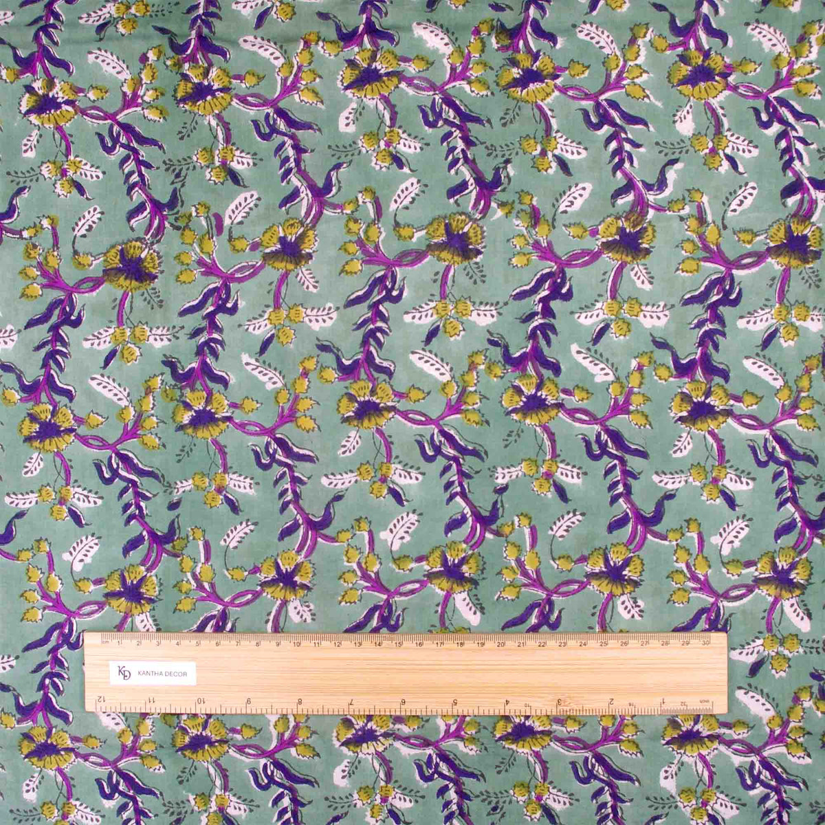 Indian Hand Block Printed 100 % Cotton Fabric- Mint Violet Bloom (Design 818)