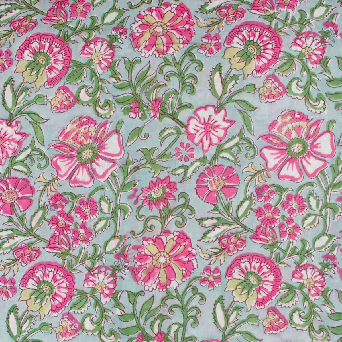 Indian Hand Block Printed 100 % Cotton Fabric- Blue Blush Bloom (Design 819)