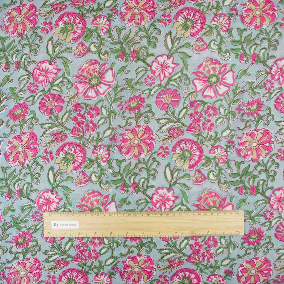 Indian Hand Block Printed 100 % Cotton Fabric- Blue Blush Bloom (Design 819)