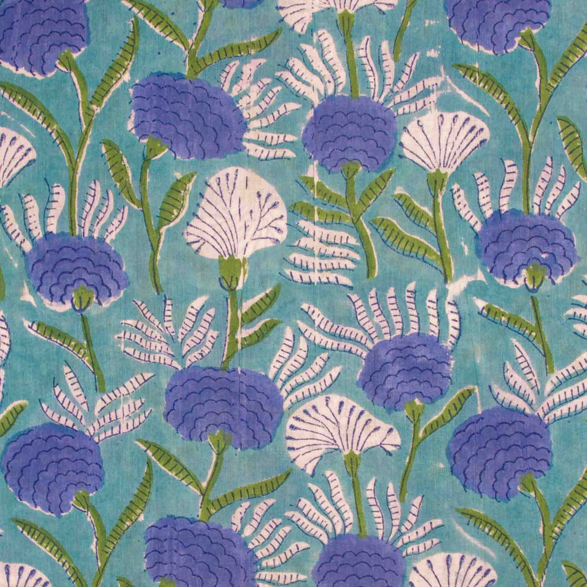 Indian Hand Block Printed 100 % Cotton Fabric- Turquoise Bluebell Bloom (Design 820)