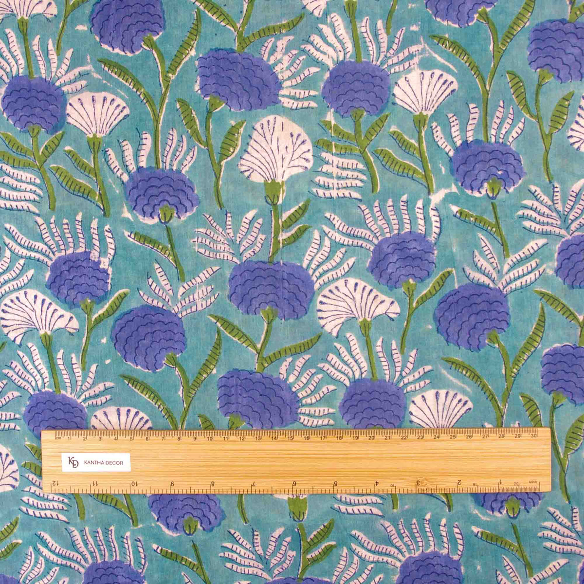 Indian Hand Block Printed 100 % Cotton Fabric- Turquoise Bluebell Bloom (Design 820)