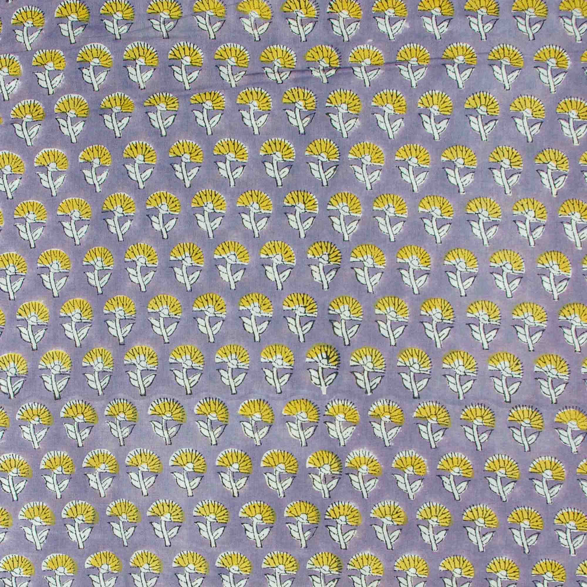 Indian Hand Block Printed 100 % Cotton Fabric- Dusty Lavender Golden Petal (Design 821)