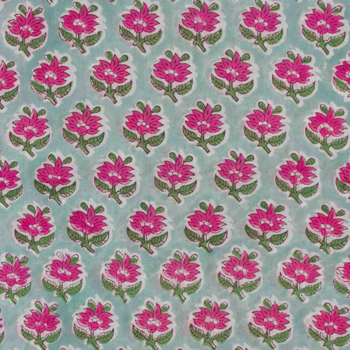Indian Hand Block Printed 100 % Cotton Fabric- Mint Pink Petal Pop (Design 822)