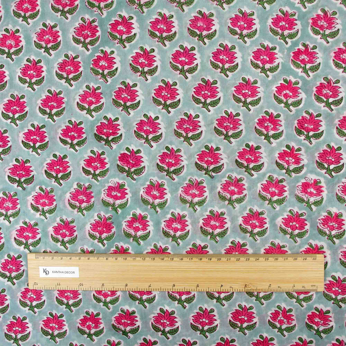 Indian Hand Block Printed 100 % Cotton Fabric- Mint Pink Petal Pop (Design 822)