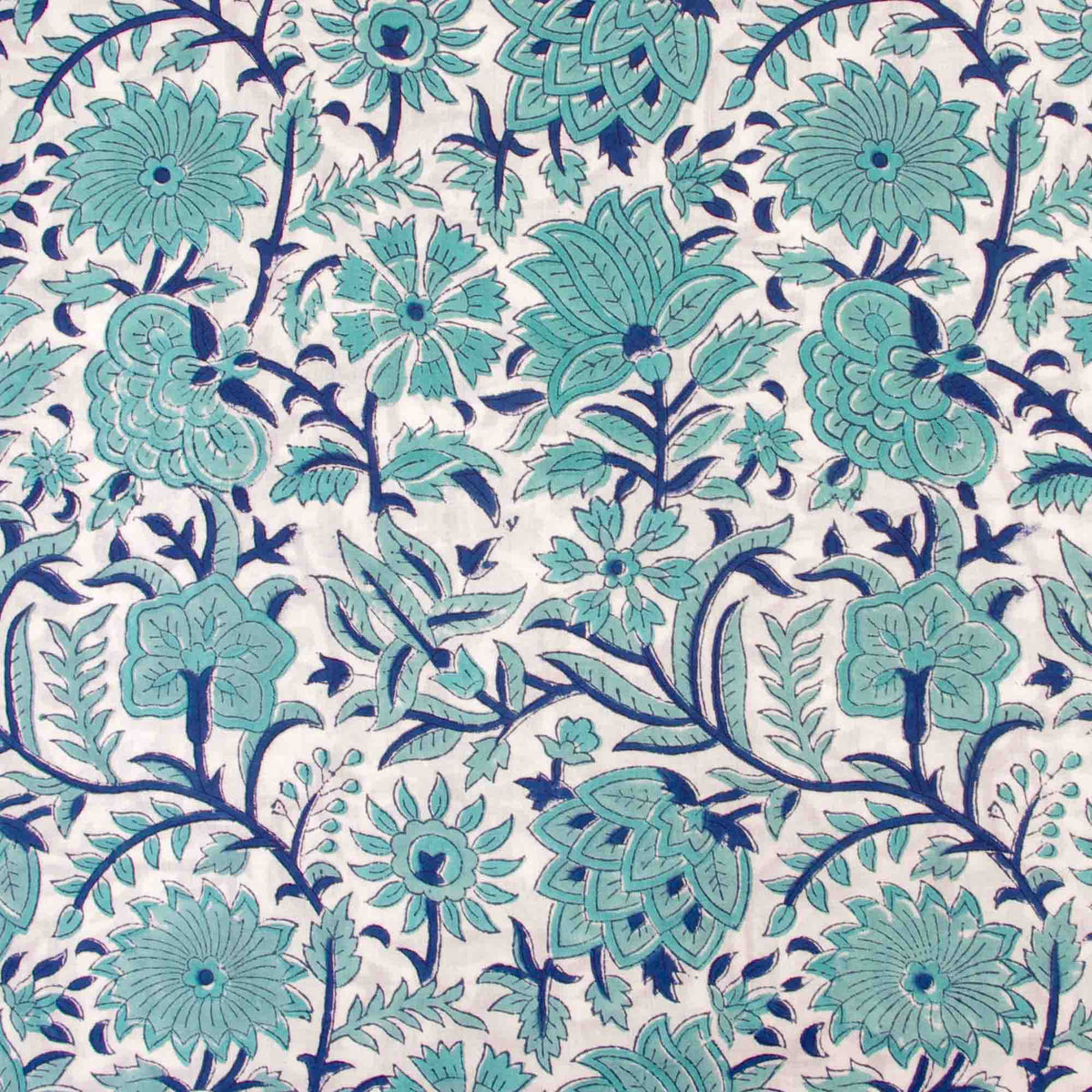 Indian Hand Block Printed 100 % Cotton Fabric- Pale Blue Flowers with Dark Blue Stems(Design 824)