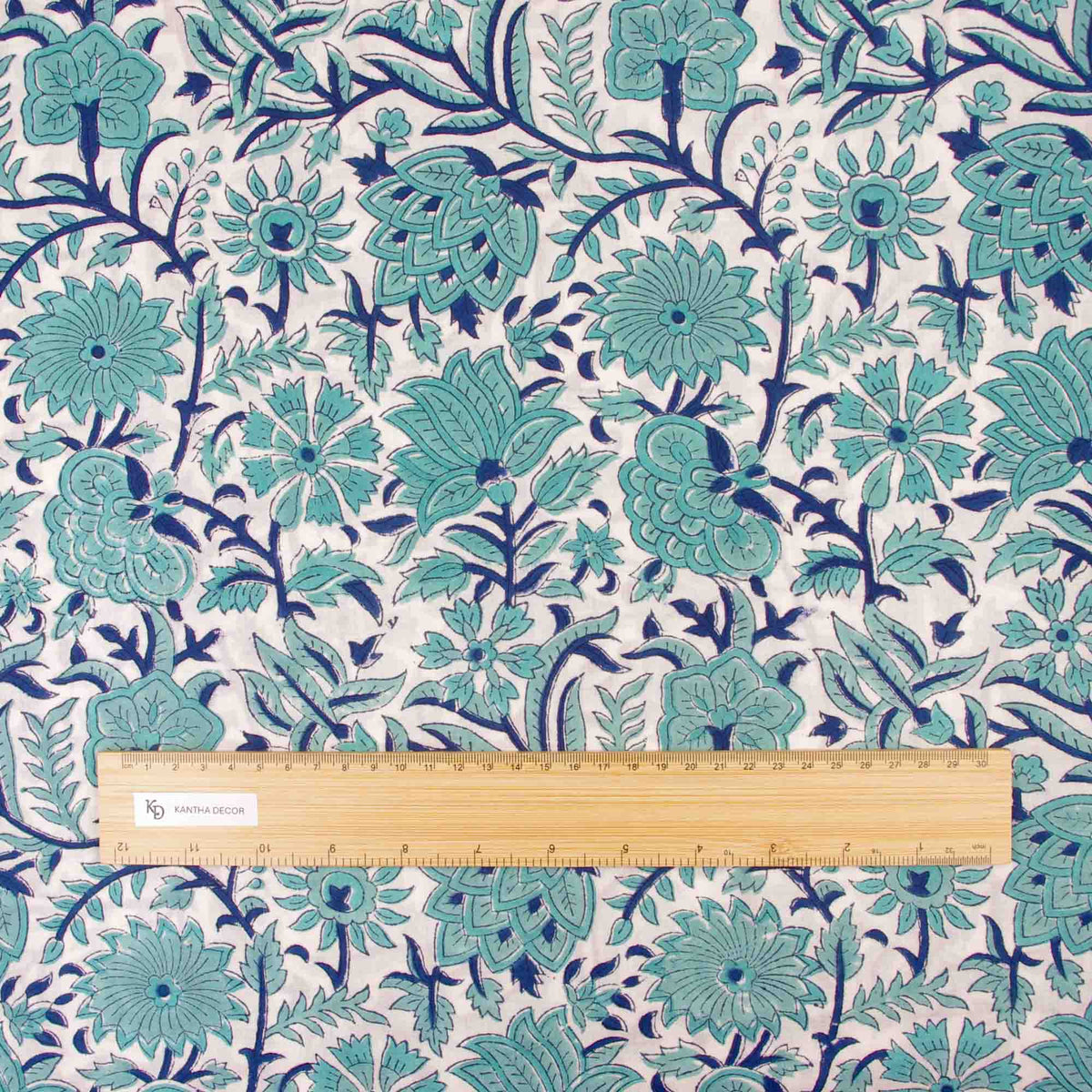 Indian Hand Block Printed 100 % Cotton Fabric- Pale Blue Flowers with Dark Blue Stems(Design 824)