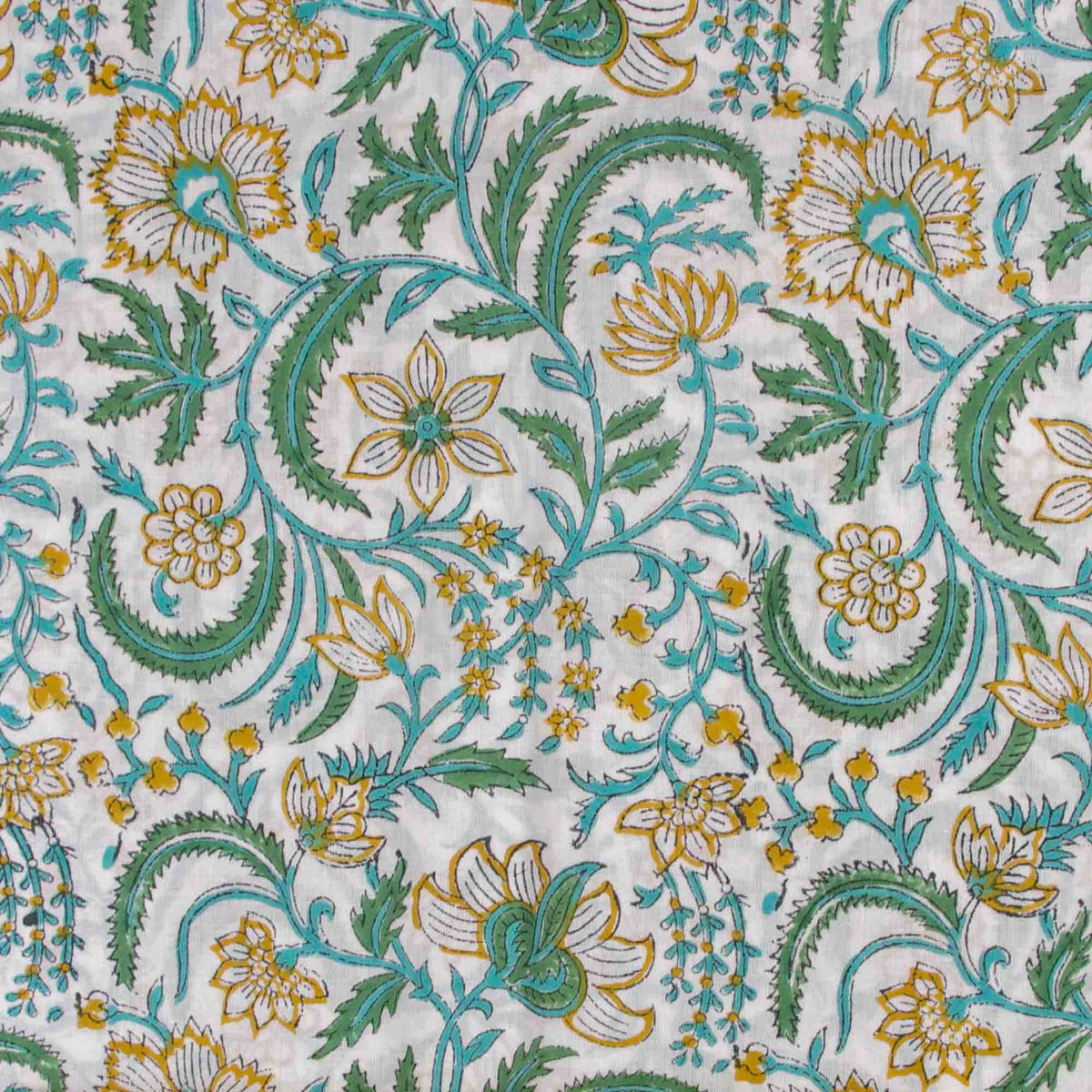 Indian Hand Block Printed 100 % Cotton Fabric- Aqua & Green Meadow Bloom On White(Design 825)