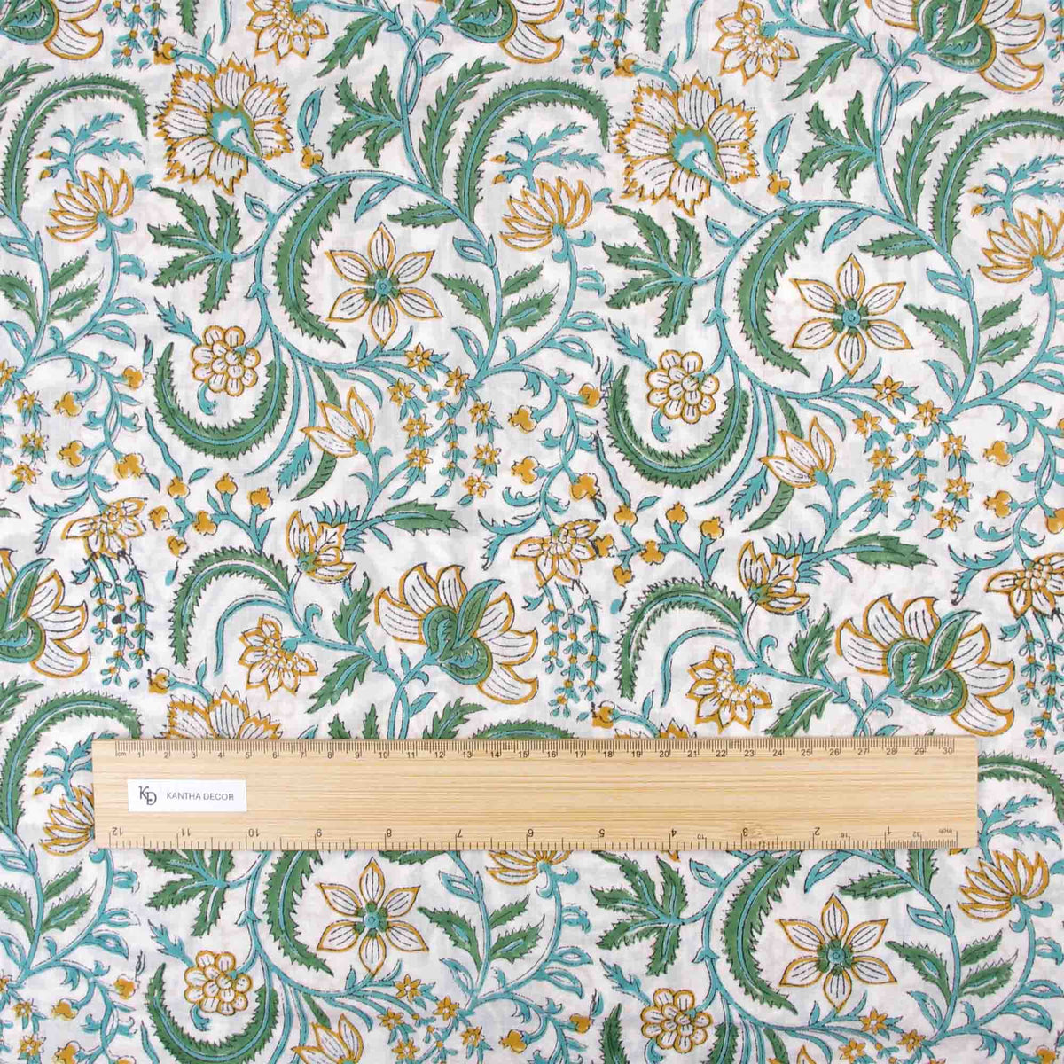 Indian Hand Block Printed 100 % Cotton Fabric- Aqua & Green Meadow Bloom On White(Design 825)