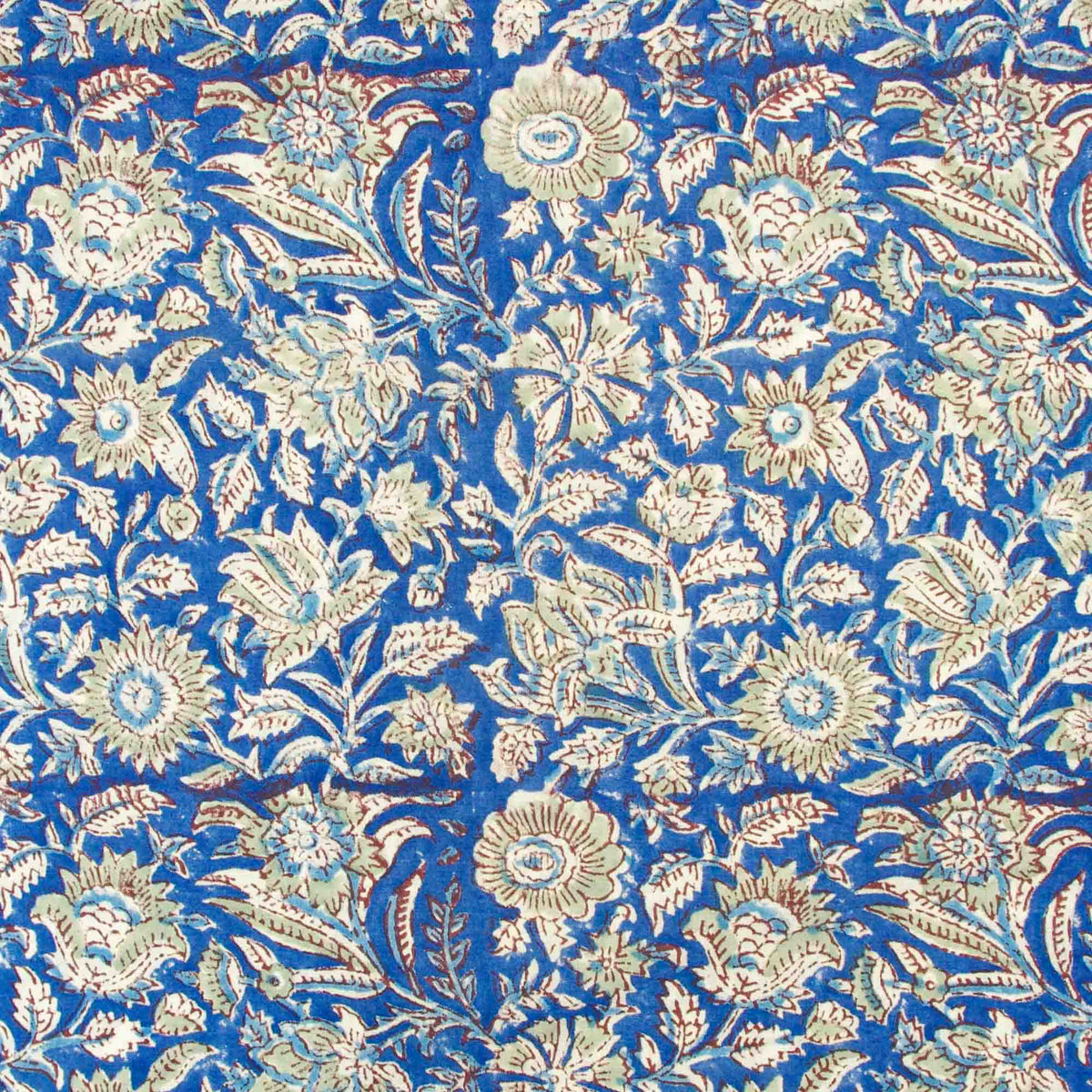 Indian Hand Block Printed 100 % Cotton Fabric-Royal Blue Ivory Bloomscape (Design 829)