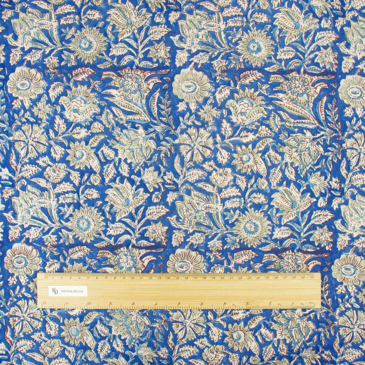 Indian Hand Block Printed 100 % Cotton Fabric-Royal Blue Ivory Bloomscape (Design 829)