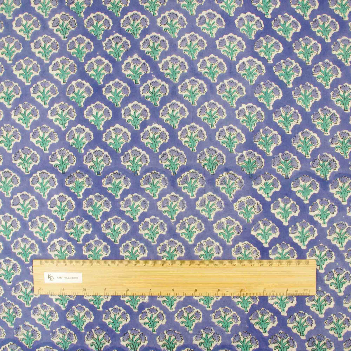 Indian Hand Block Printed 100 % Cotton Fabric-Bluebell Mint Butti On Indigo Blue(Design 830)