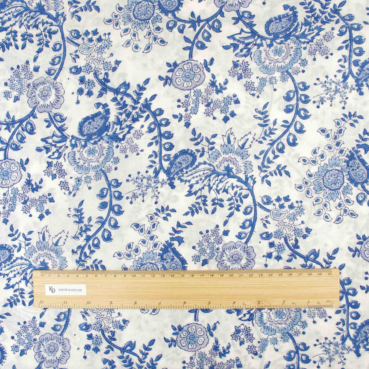 Indian Hand Block Printed 100 % Cotton Fabric- Blue Vine Elegance On White (Design 831)