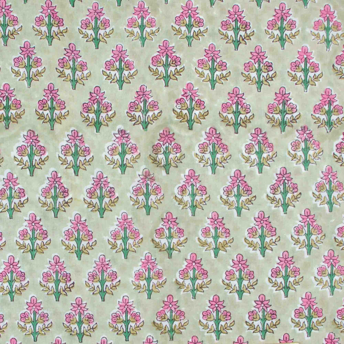 Indian Hand Block Printed 100 % Cotton Fabric- Soft Sage Pink Blossom Butti (Design 833)