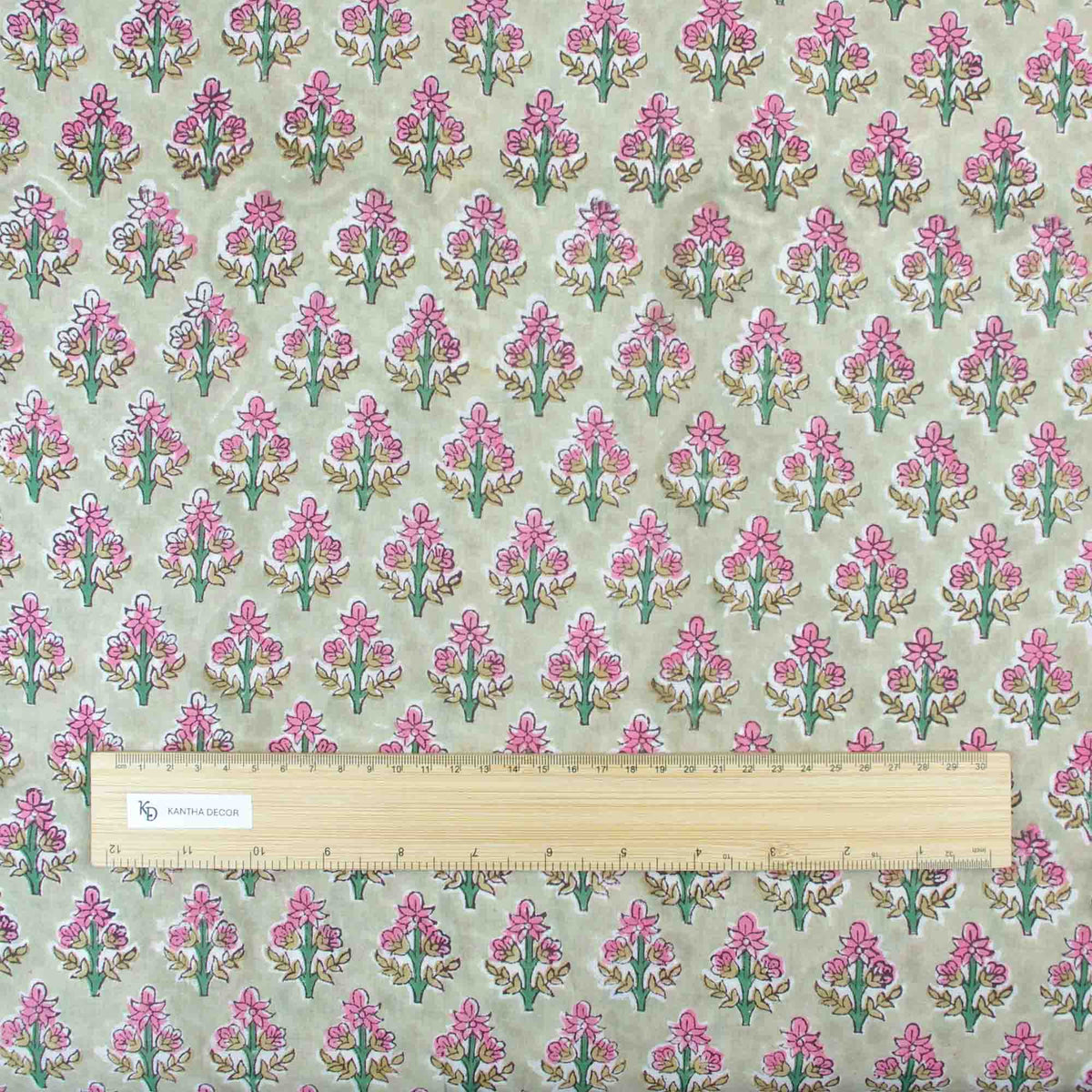 Indian Hand Block Printed 100 % Cotton Fabric- Soft Sage Pink Blossom Butti (Design 833)