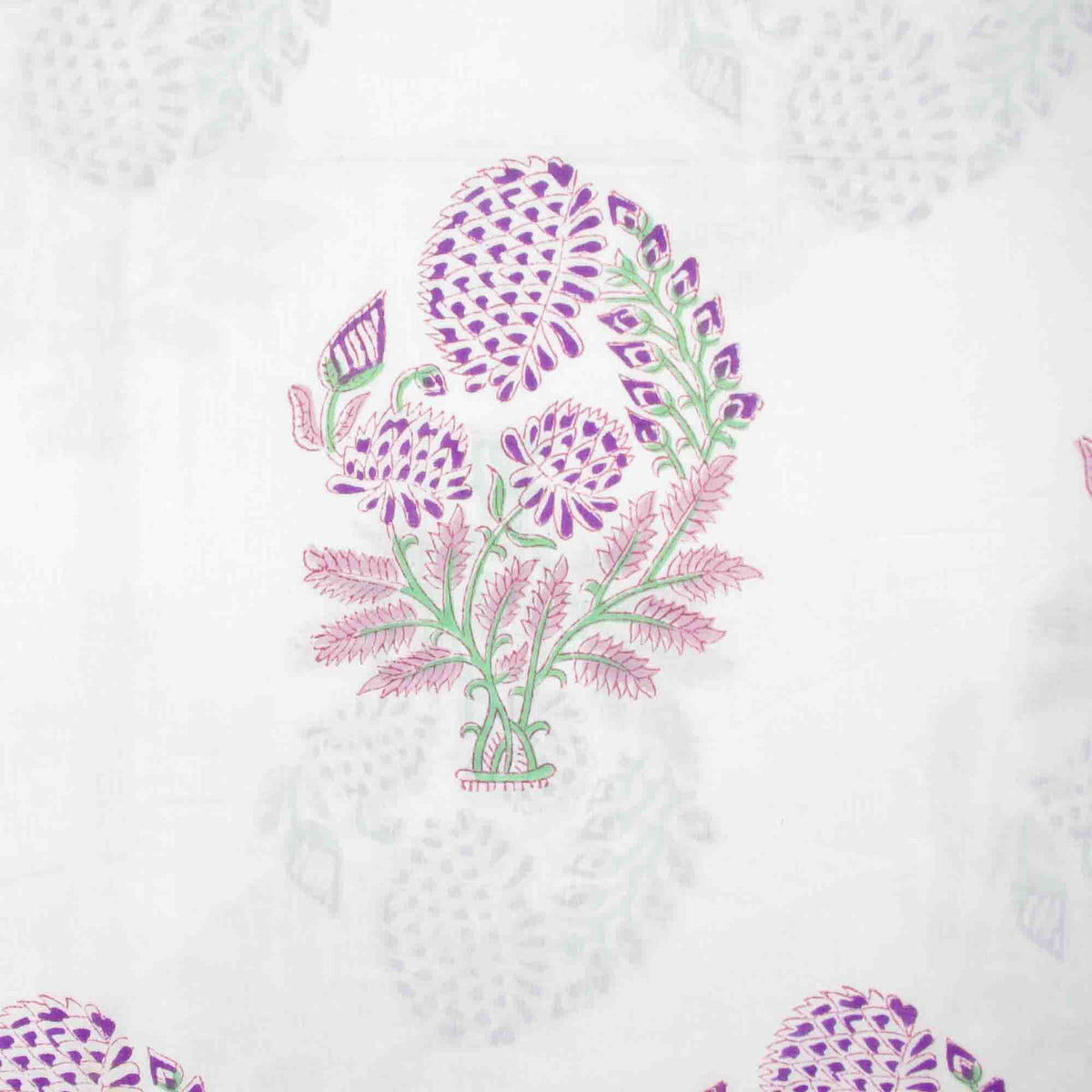 Indian Hand Block Printed 100 % Cotton Fabric- Lilac Fern Bloom On White (Design 834)