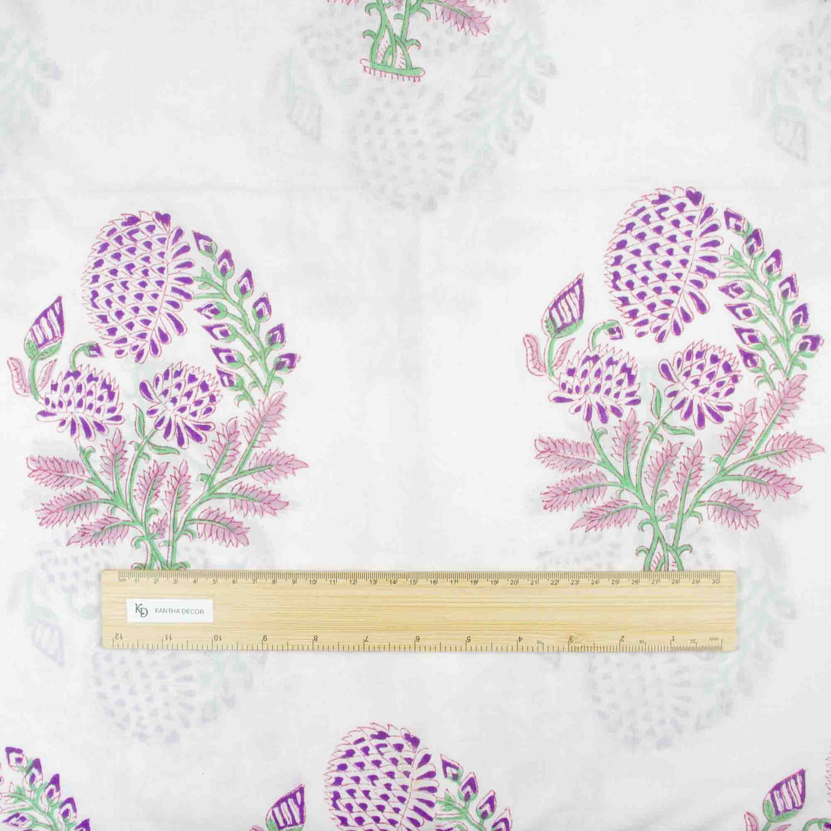 Indian Hand Block Printed 100 % Cotton Fabric- Lilac Fern Bloom On White (Design 834)