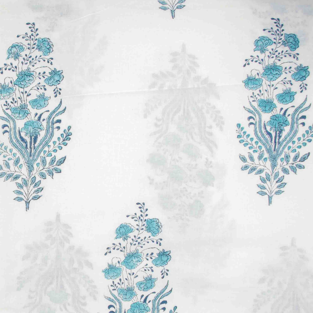 Indian Hand Block Printed 100 % Cotton Fabric- Aqua Mist Bouquet (Design 836)