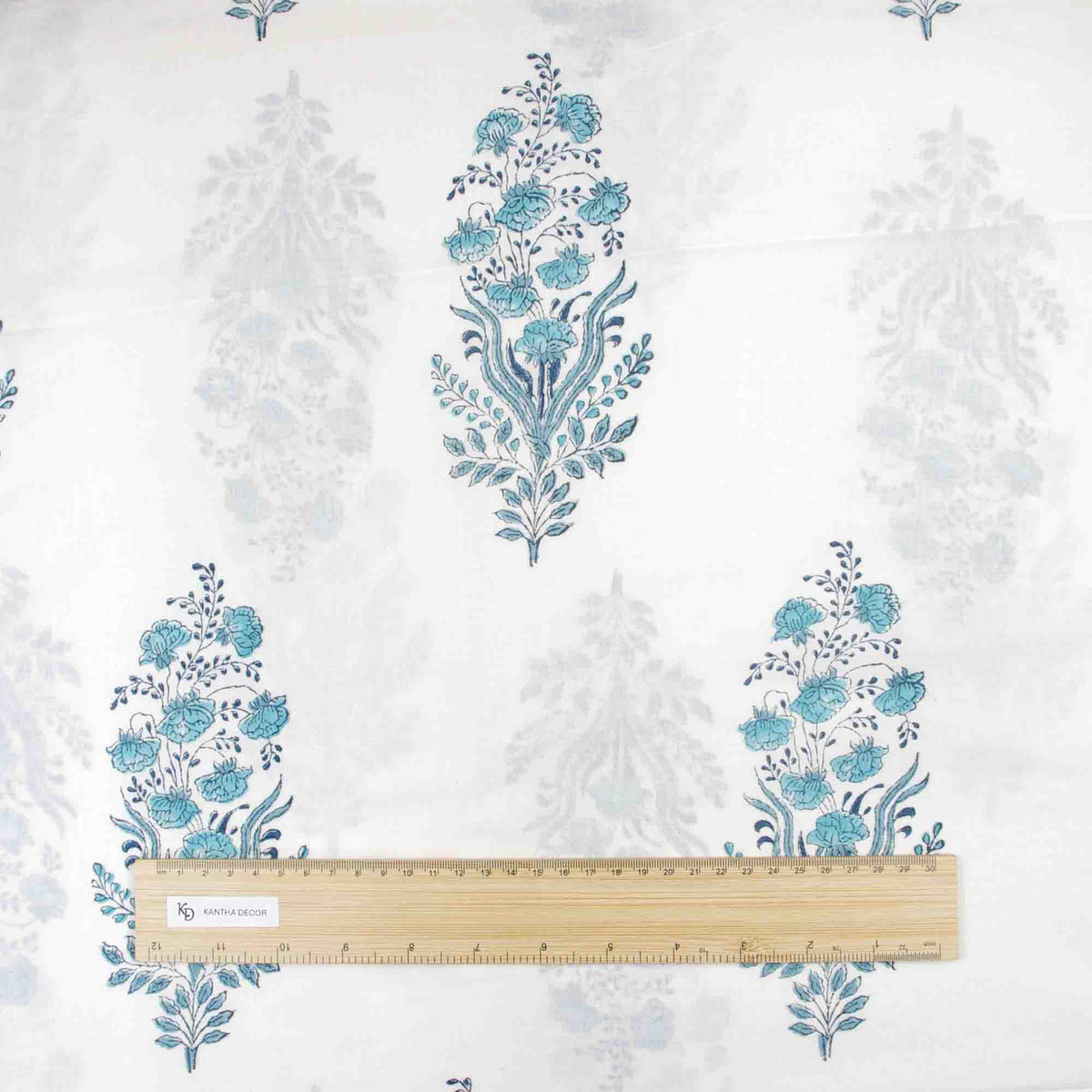 Indian Hand Block Printed 100 % Cotton Fabric- Aqua Mist Bouquet (Design 836)
