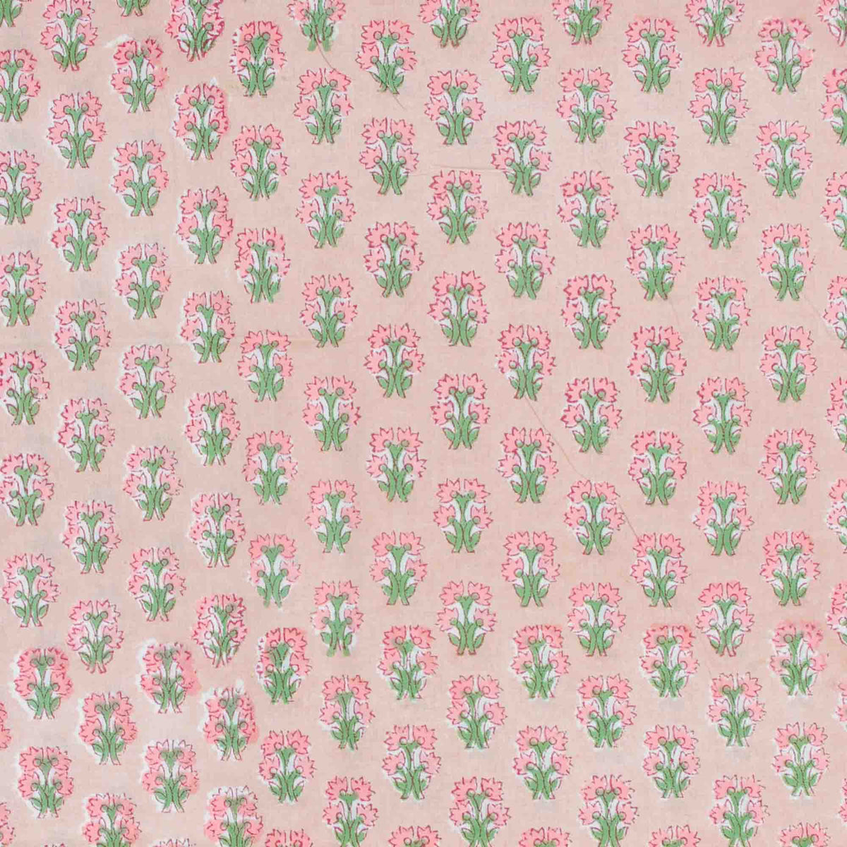 Indian Hand Block Printed 100 % Cotton Fabric- Soft Peach & Green Floral Butti (Design 837)