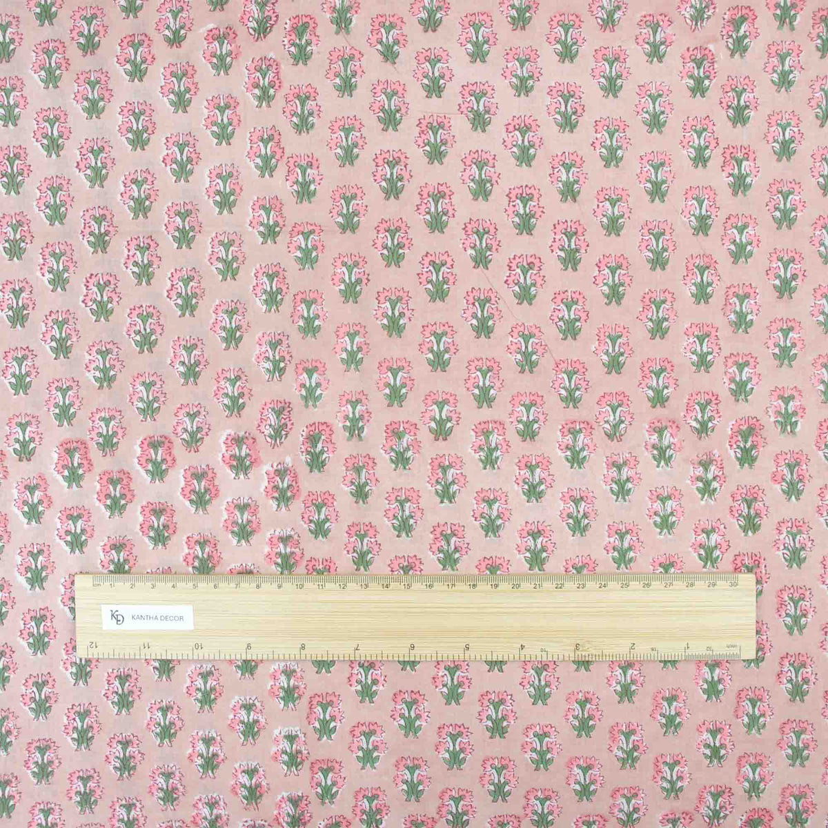 Indian Hand Block Printed 100 % Cotton Fabric- Soft Peach & Green Floral Butti (Design 837)