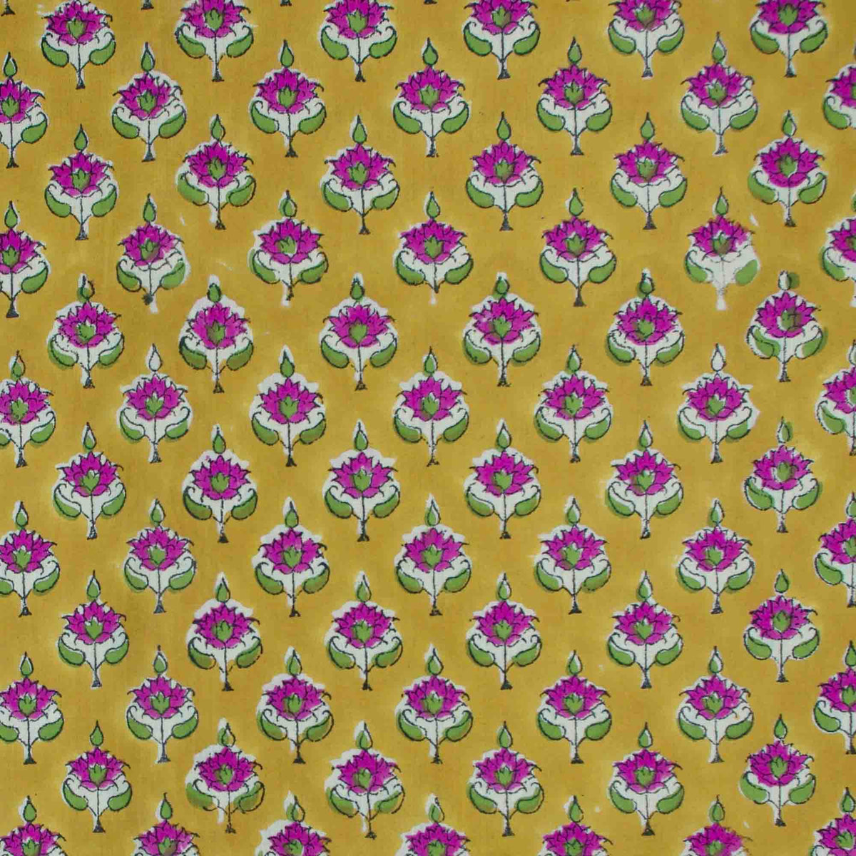 Indian Hand Block Printed 100 % Cotton Fabric- Mustard Fuchsia Lotus Buti (Design 838)