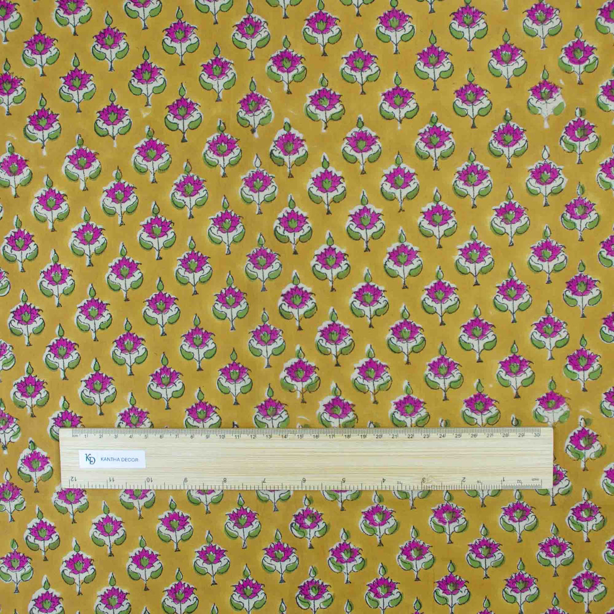 Indian Hand Block Printed 100 % Cotton Fabric- Mustard Fuchsia Lotus Buti (Design 838)