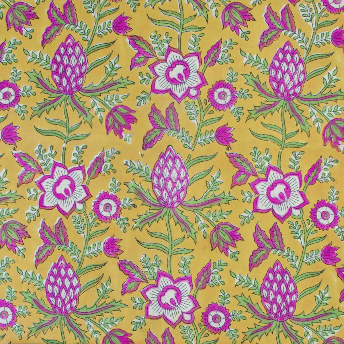 Indian Hand Block Printed 100 % Cotton Fabric- Mustard Magenta Meadow Bloom (Design 839)