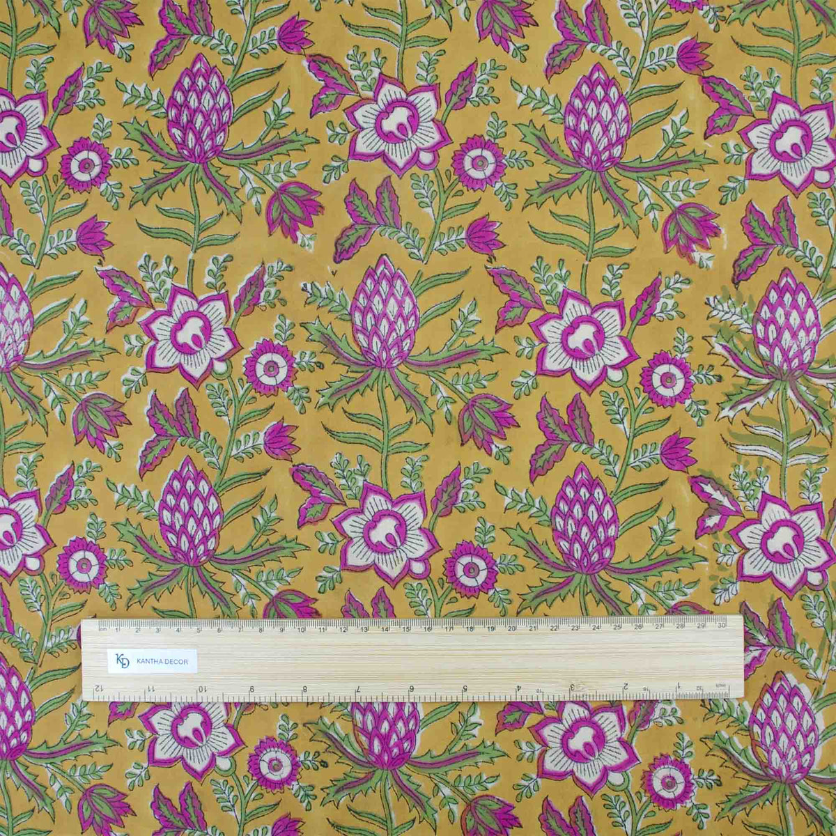 Indian Hand Block Printed 100 % Cotton Fabric- Mustard Magenta Meadow Bloom (Design 839)