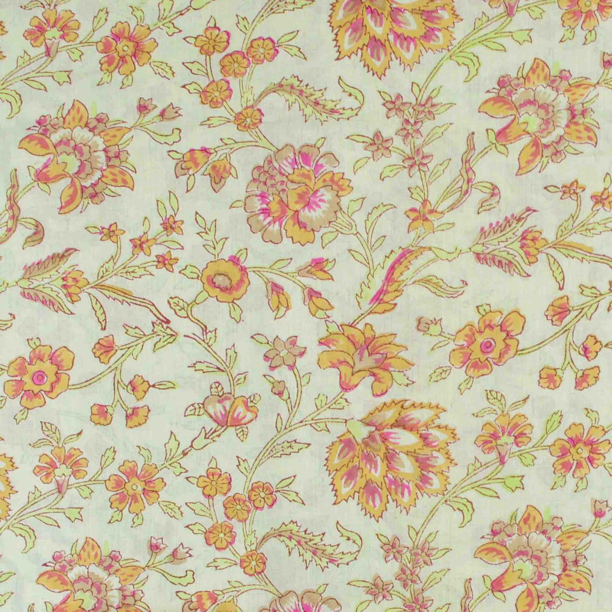 Indian Hand Block Printed 100 % Cotton Fabric-Cream Sunset Blossom Trail (Design 840)