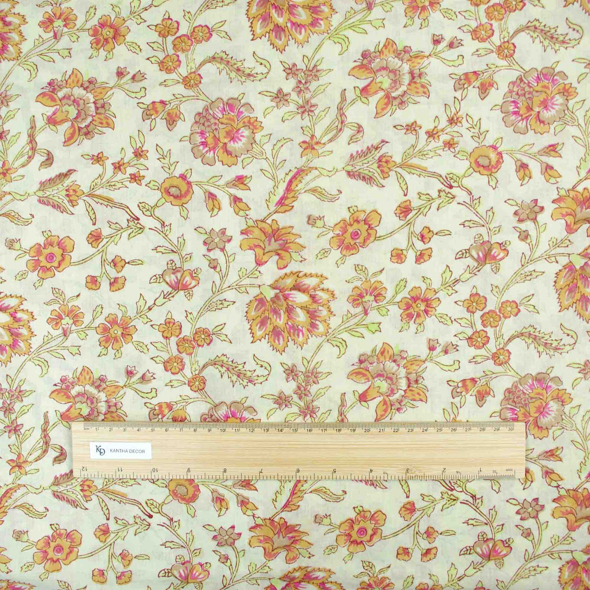 Indian Hand Block Printed 100 % Cotton Fabric-Cream Sunset Blossom Trail (Design 840)