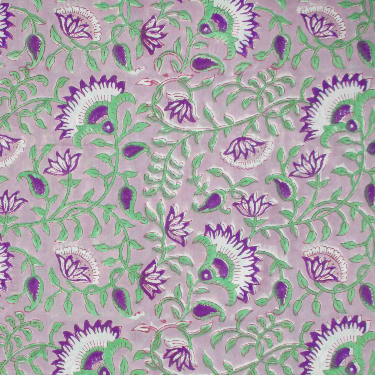 Indian Hand Block Printed 100 % Cotton Fabric- Dusty Lilac Mint Violet Vines (Design 842)
