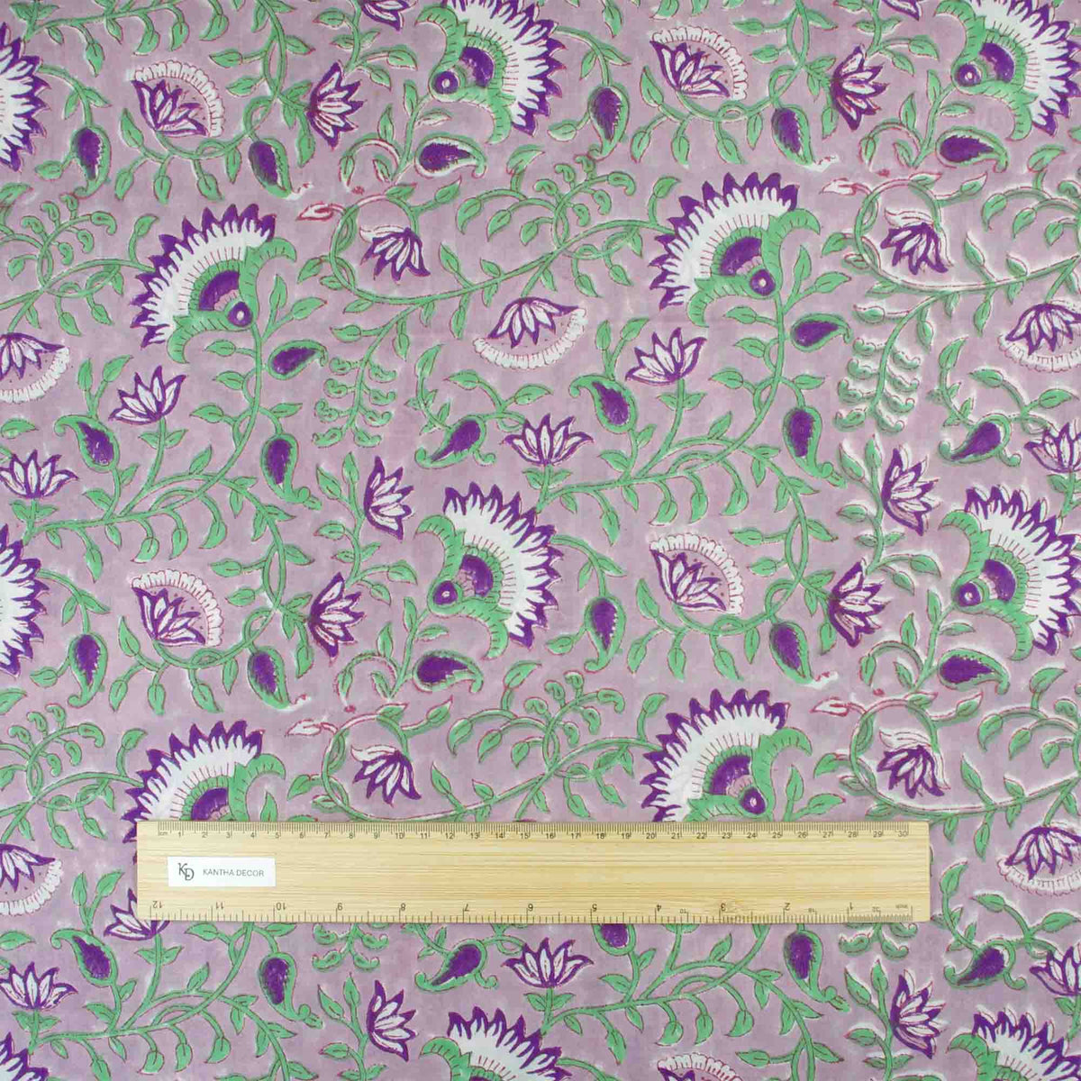 Indian Hand Block Printed 100 % Cotton Fabric- Dusty Lilac Mint Violet Vines (Design 842)