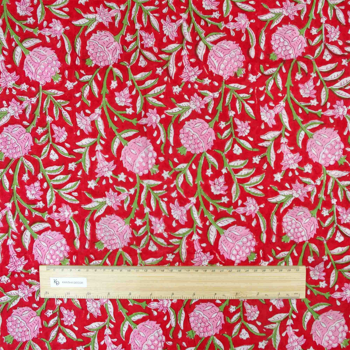 Indian Hand Block Printed 100 % Cotton Fabric- Crimson Red Blush Garden Glow (Design 843) (