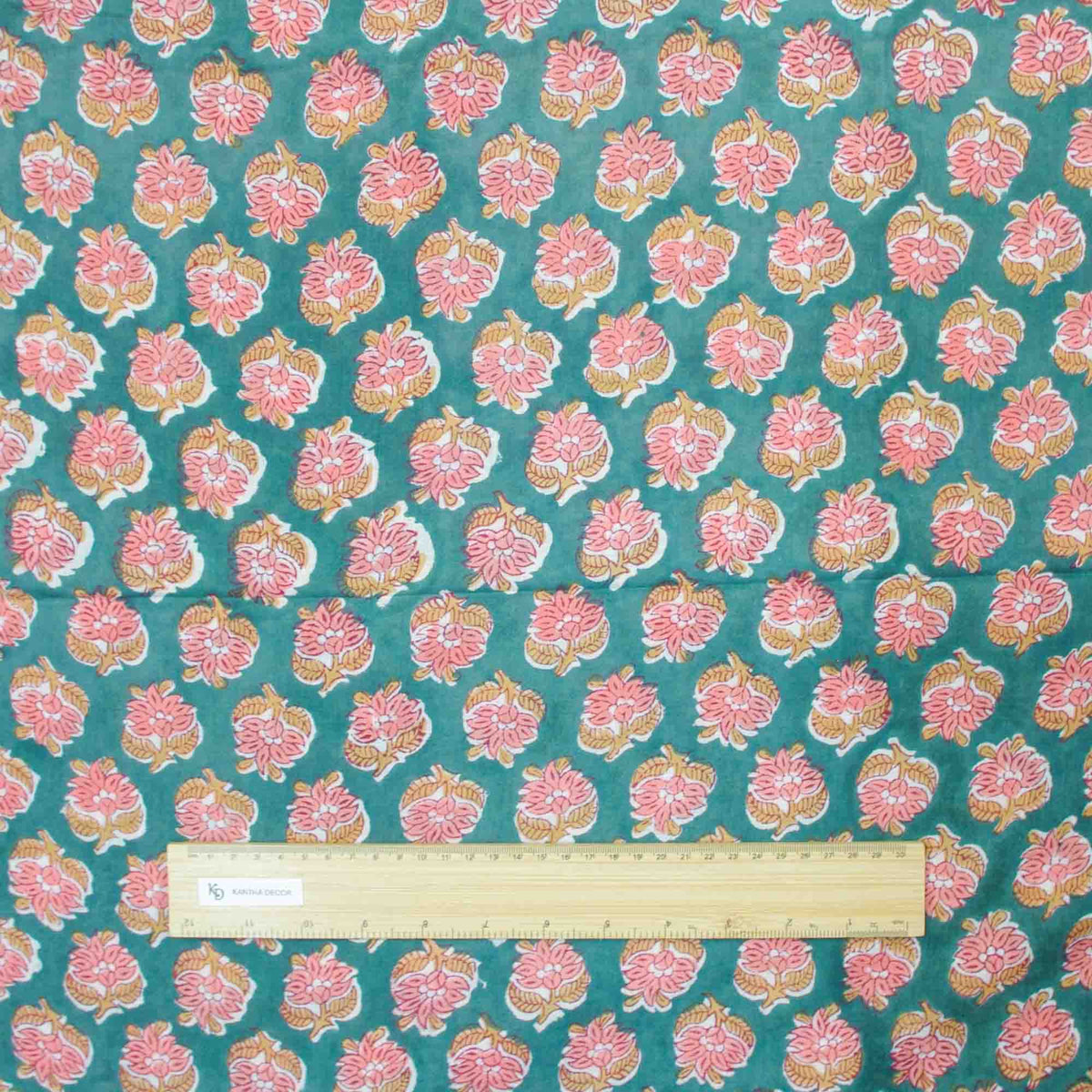 Indian Hand Block Printed 100 % Cotton Fabric- Seafoam Floral Lattice (Design 848)