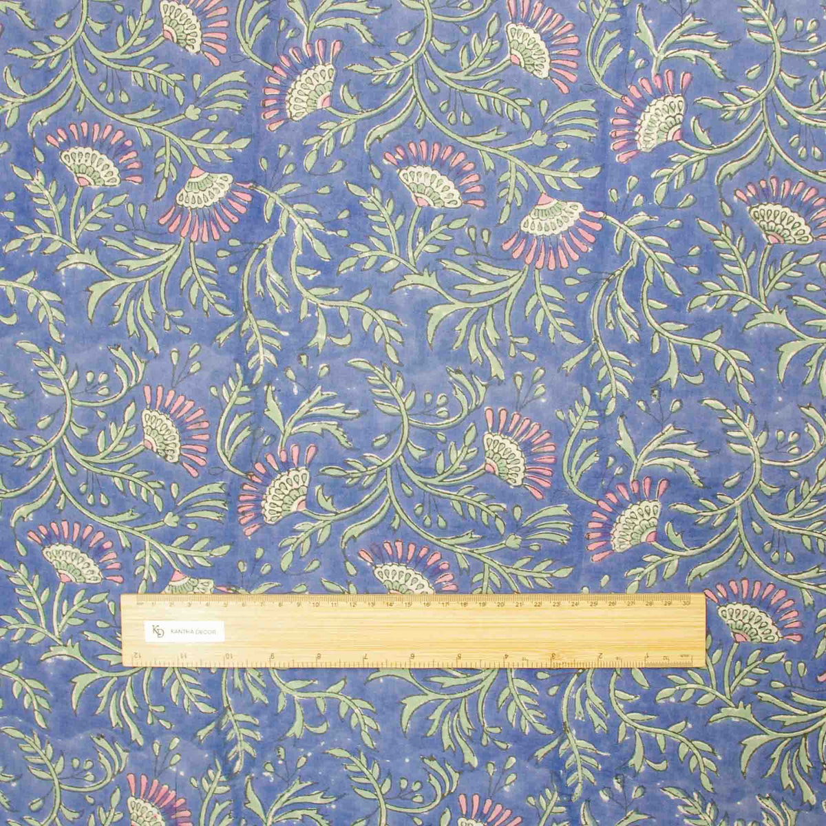 Indian Hand Block Printed 100 % Cotton Fabric - Periwinkle Dahila Vine (Design 849)