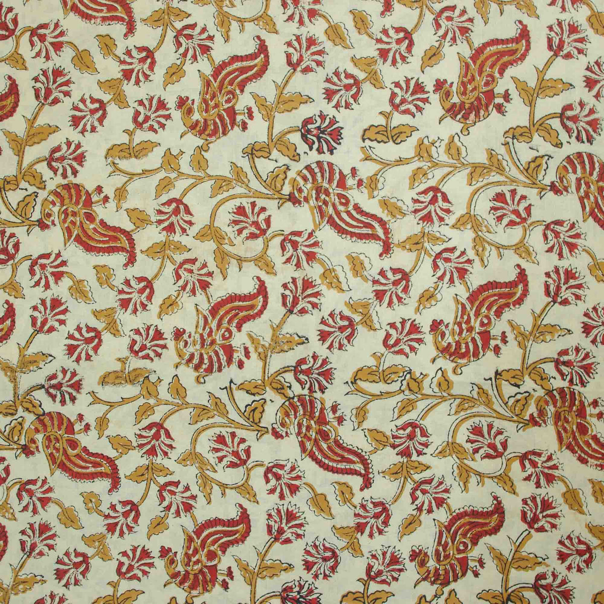 Bagru Kalamkari Block Print Fabric - Peacock Trail Motif On Cream Base ( Design 850)
