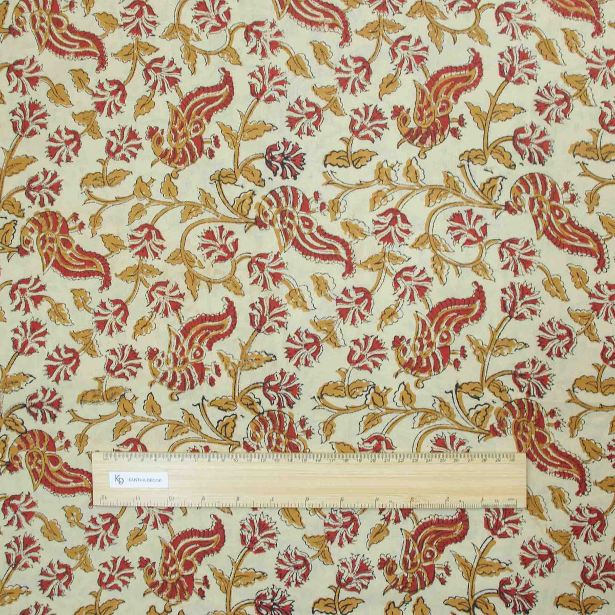 Bagru Kalamkari Block Print Fabric - Peacock Trail Motif On Cream Base ( Design 850)