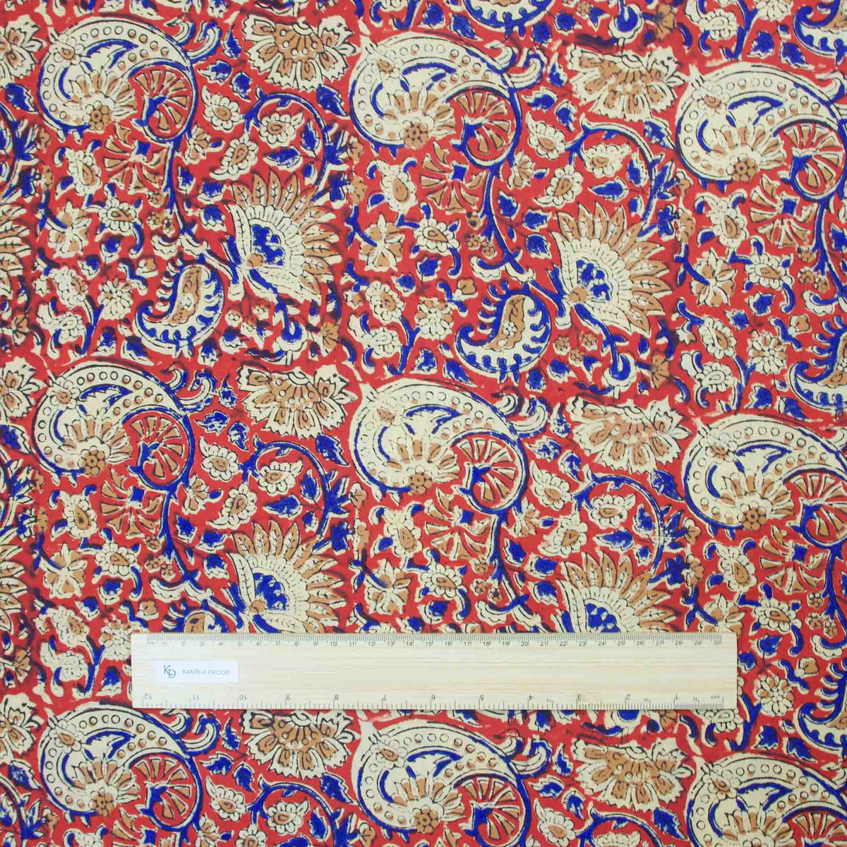 Bagru Kalamkari Block Print Fabric - Crimson and Indigo Paisley ( Design 851)