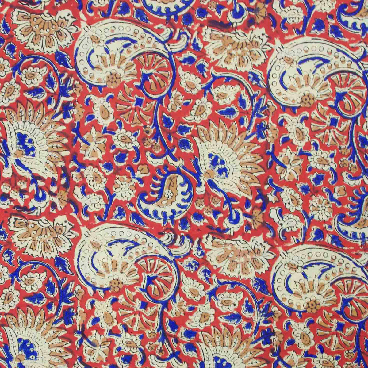 Bagru Kalamkari Block Print Fabric - Crimson and Indigo Paisley ( Design 851)