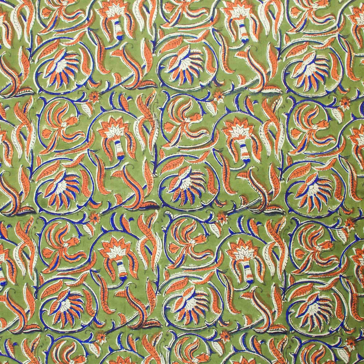 Bagru Kalamkari Block Print Fabric - Olive and Oranage Lily Jaal ( Design 852)