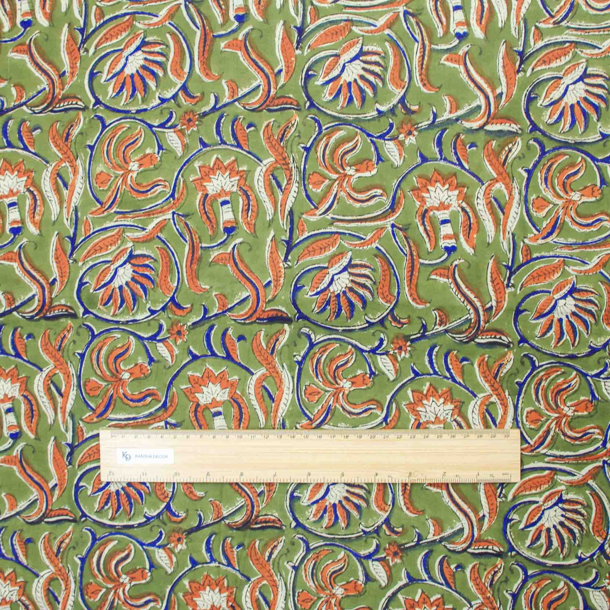 Bagru Kalamkari Block Print Fabric - Olive and Oranage Lily Jaal ( Design 852)