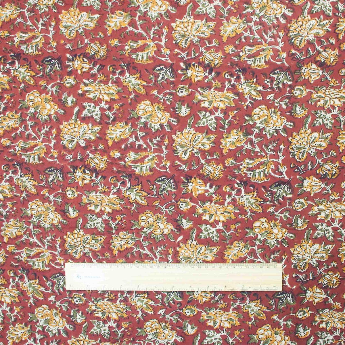 Bagru Kalamkari Block Print Fabric - Ochre Yellow & Rust Chintz ( Design 853)