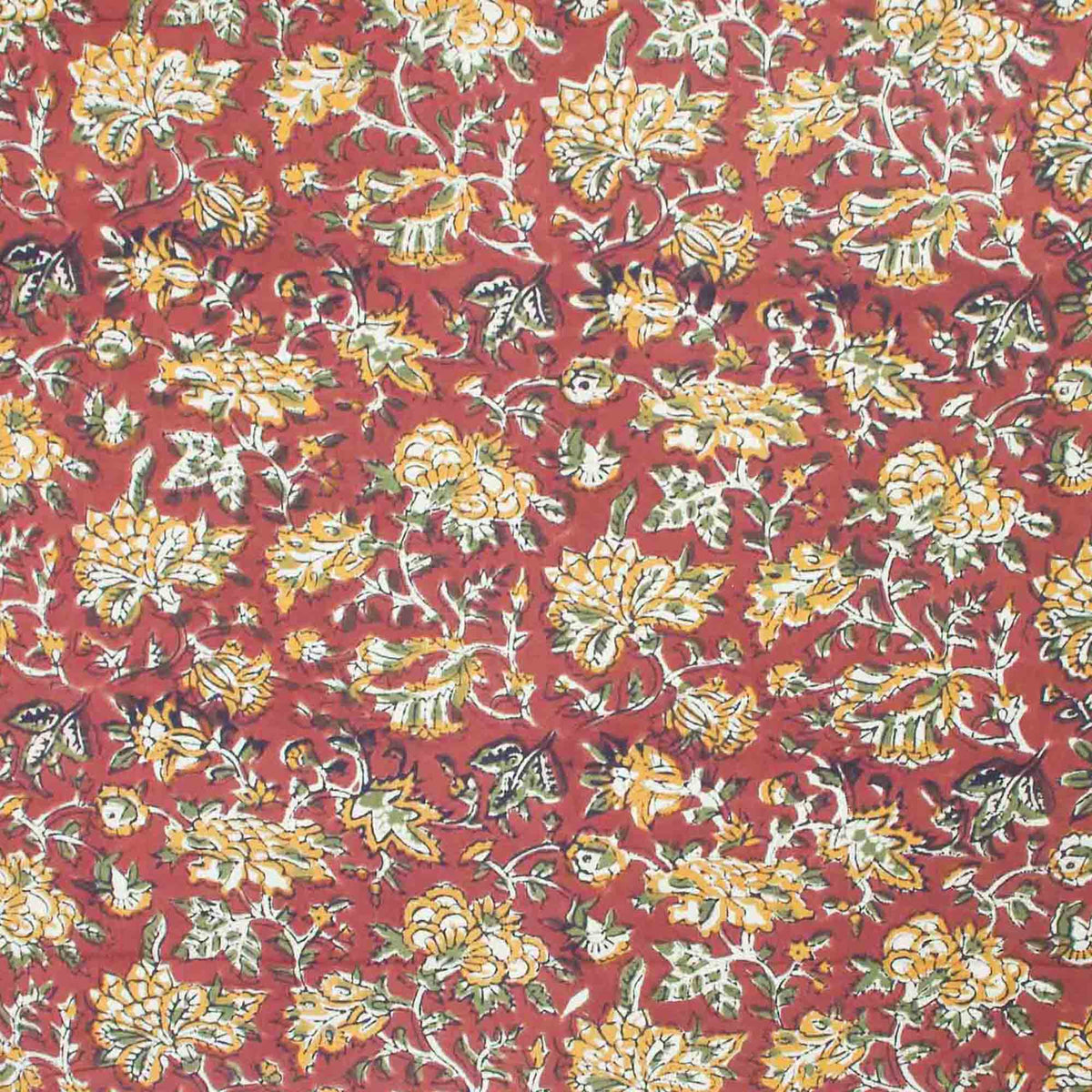 Bagru Kalamkari Block Print Fabric - Ochre Yellow & Rust Chintz ( Design 853)