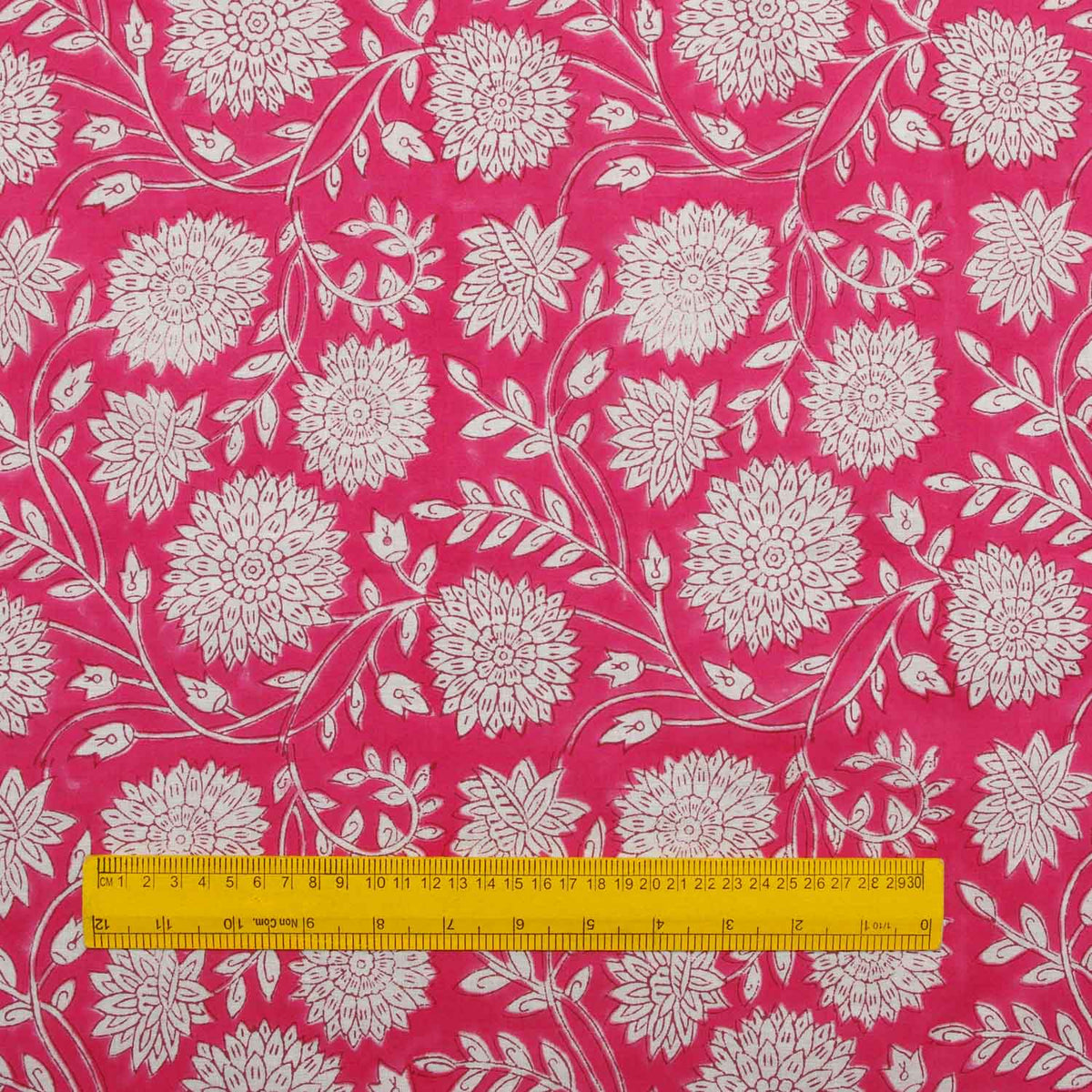 Indian Hand Block Printed Magenta Cerise Floral 100% Cotton Fabric Design 206