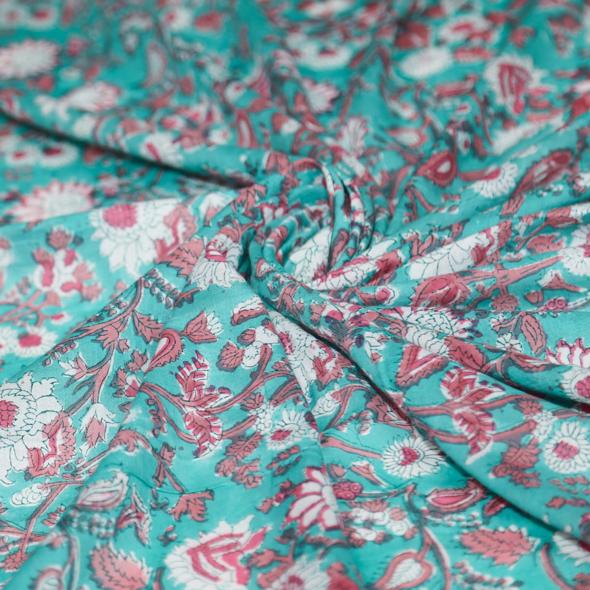 Block Print Fabric - Red Flowers On Teal( Design 468)