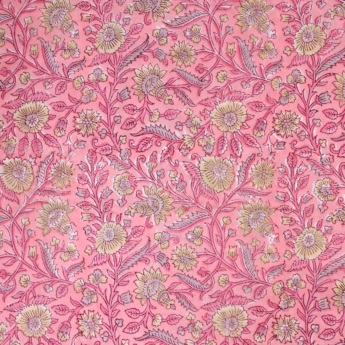 Indian Hand Block Pink Peach & Yellow Floral Jaal Print 100% Cotton Women Dress Fabric Design 696