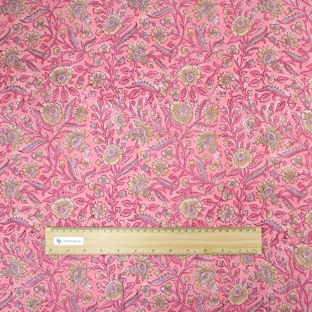 Indian Hand Block Pink Peach & Yellow Floral Jaal Print 100% Cotton Women Dress Fabric Design 696