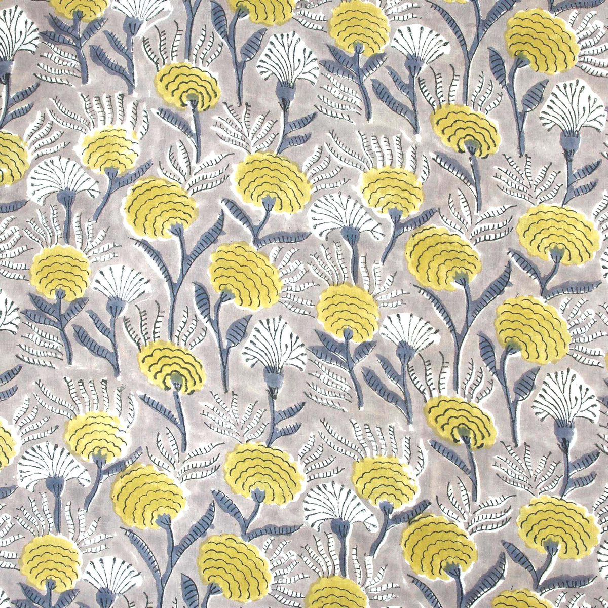 Indian Hand Block Yellow Marigold Floral On Grey Base Print 100% Cotton Women Dress Fabric Design 703