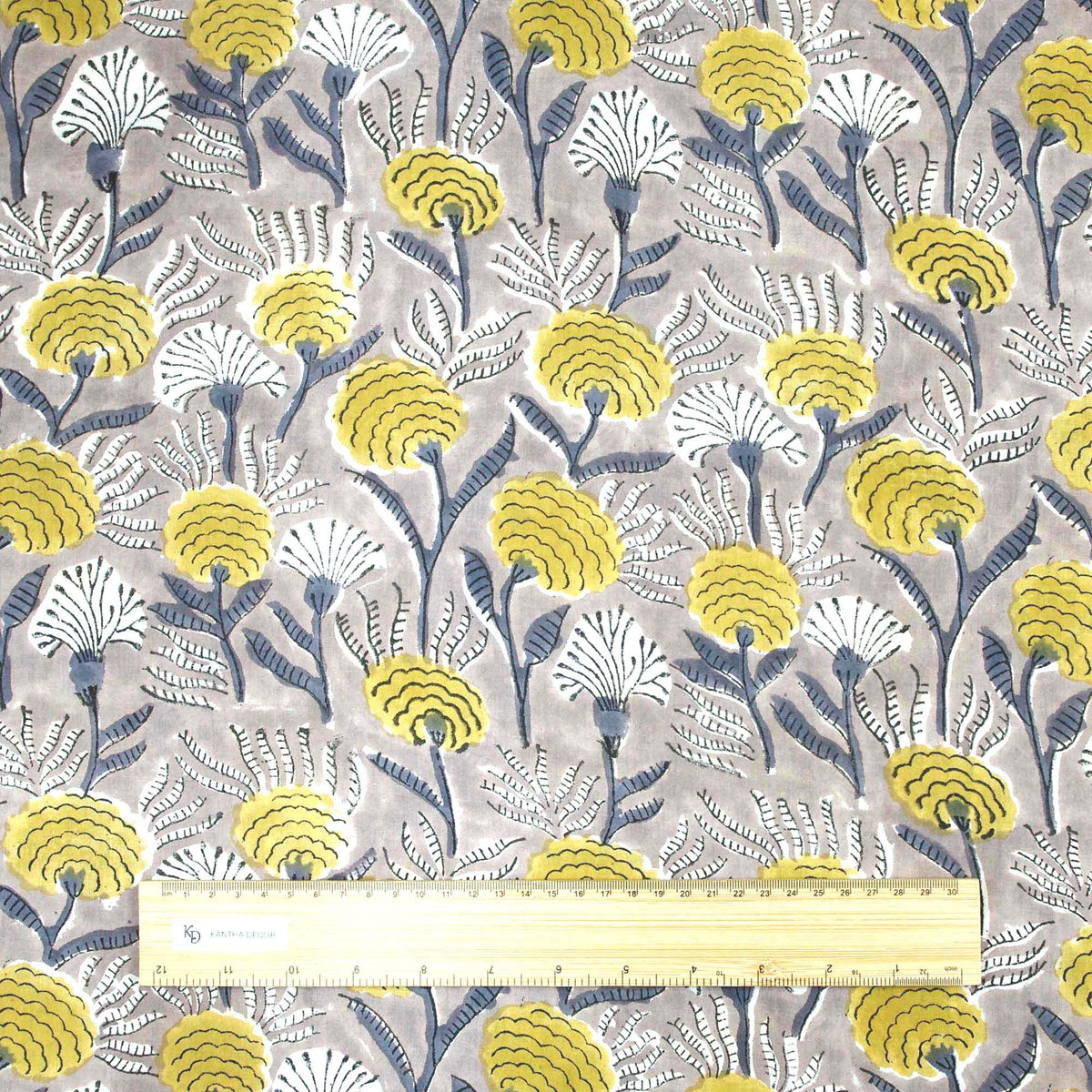 Indian Hand Block Yellow Marigold Floral On Grey Base Print 100% Cotton Women Dress Fabric Design 703