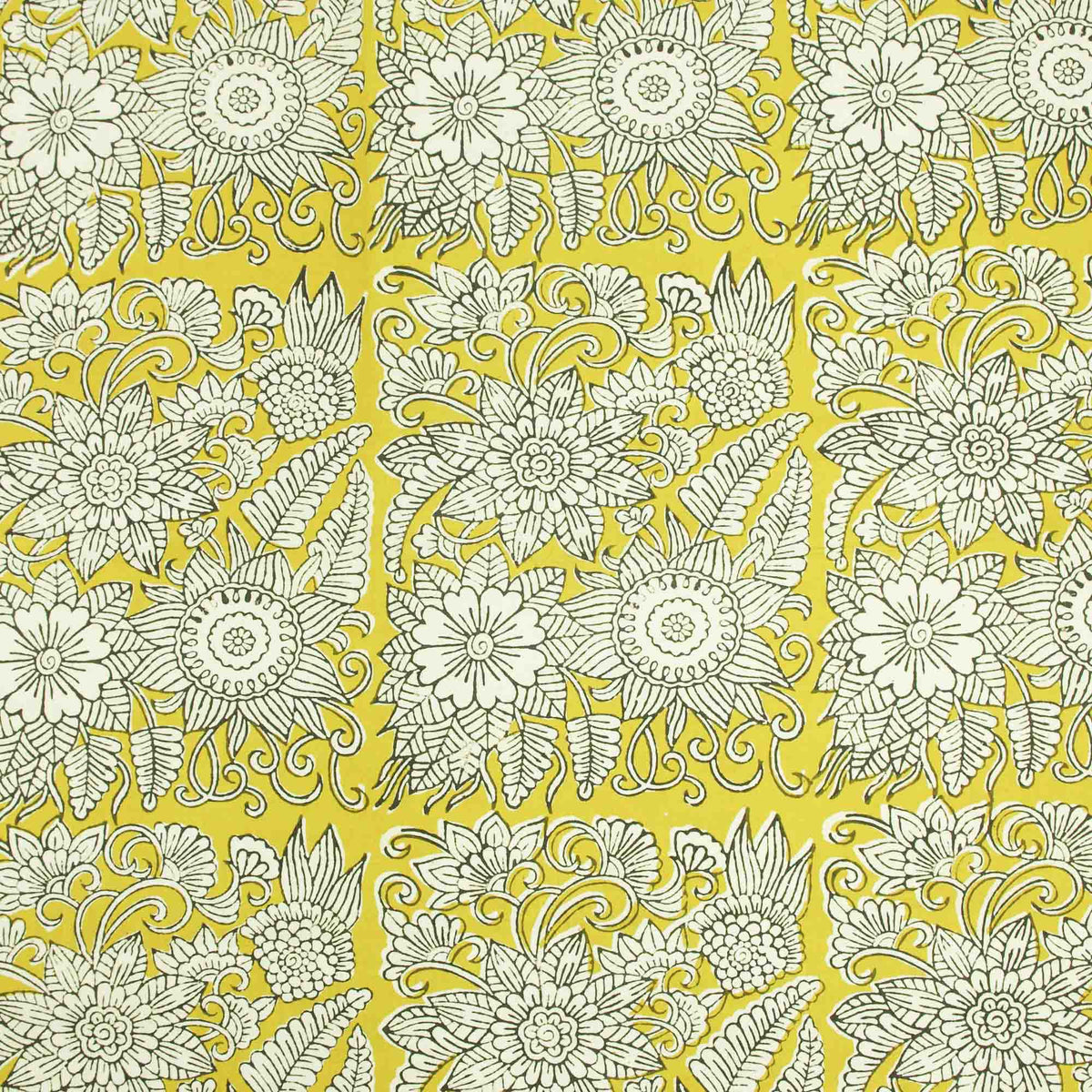 Bagru Kalamkari Print White Floral On Mustard Women Dress Fabric Design 789